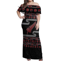 New Zealand Christmas Off Shoulder Maxi Dress Meri Kirihimete Silver Fern Knit Style Red Color - Polynesian Pride