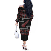 New Zealand Christmas Off The Shoulder Long Sleeve Dress Meri Kirihimete Silver Fern Knit Style Red Color LT03 - Polynesian Pride