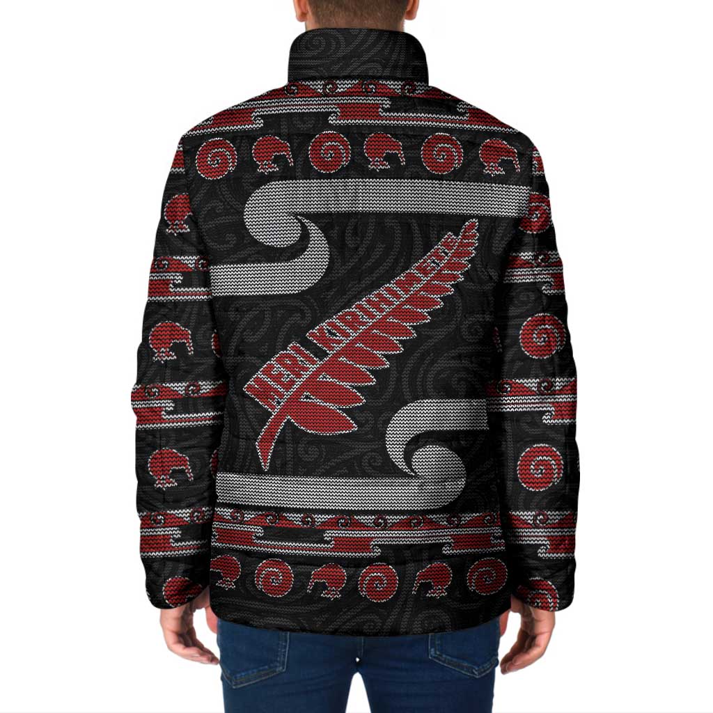 New Zealand Christmas Padded Jacket Meri Kirihimete Silver Fern Knit Style Red Color - Polynesian Pride