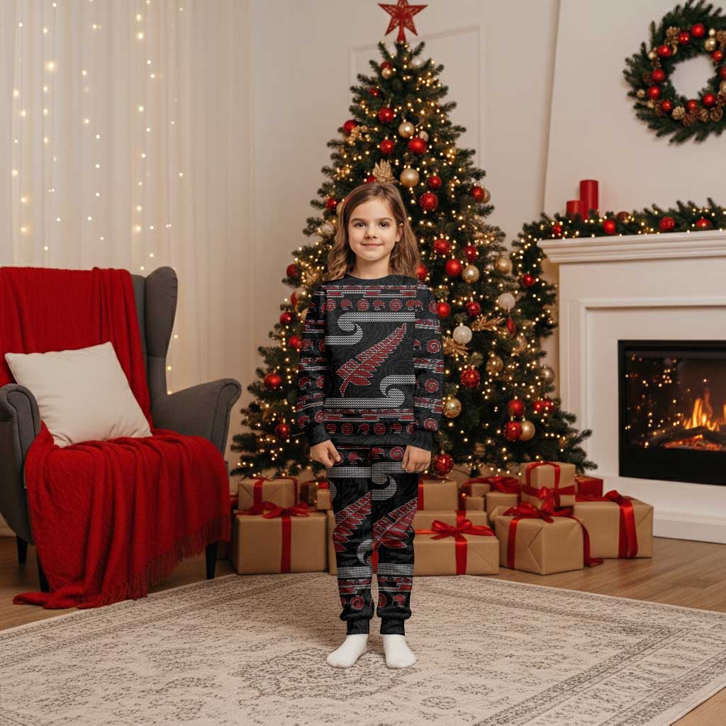 New Zealand Christmas Pajama Set Meri Kirihimete Silver Fern Knit Style Red Color - Polynesian Pride