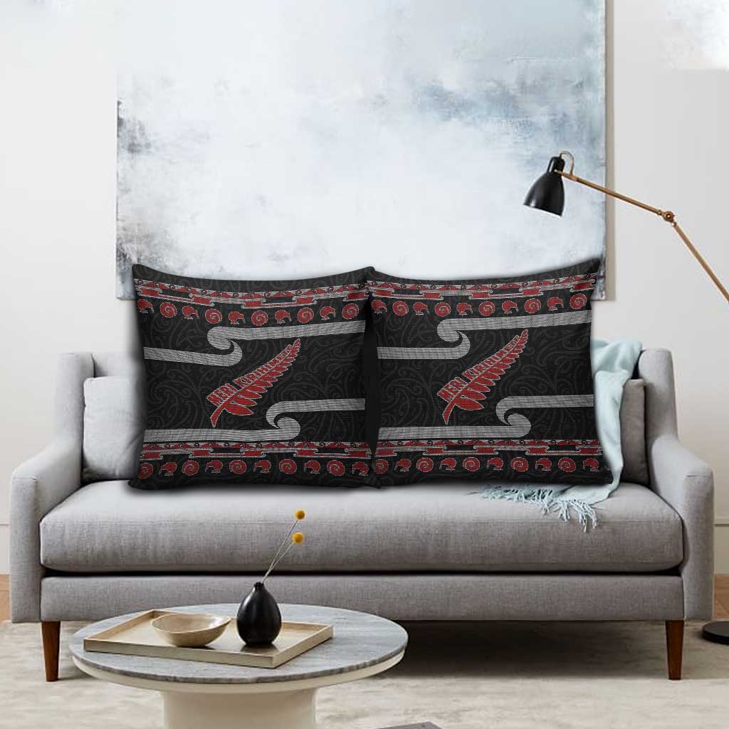New Zealand Christmas Pillow Cover Meri Kirihimete Silver Fern Knit Style Red Color LT03 - Polynesian Pride