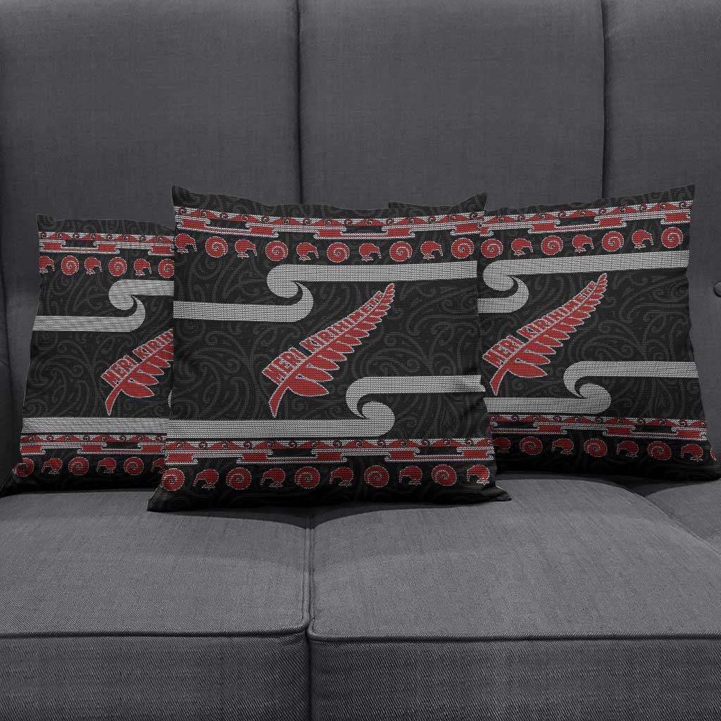 New Zealand Christmas Pillow Cover Meri Kirihimete Silver Fern Knit Style Red Color LT03 - Polynesian Pride