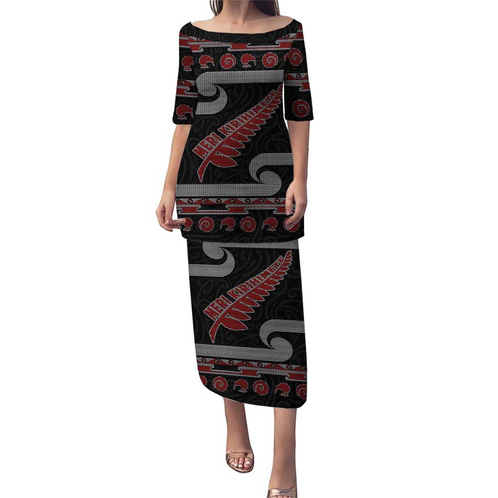 New Zealand Christmas Puletasi Meri Kirihimete Silver Fern Knit Style Red Color - Polynesian Pride