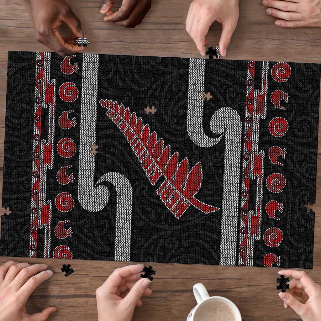 New Zealand Christmas Puzzle Meri Kirihimete Silver Fern Knit Style Red Color - Polynesian Pride