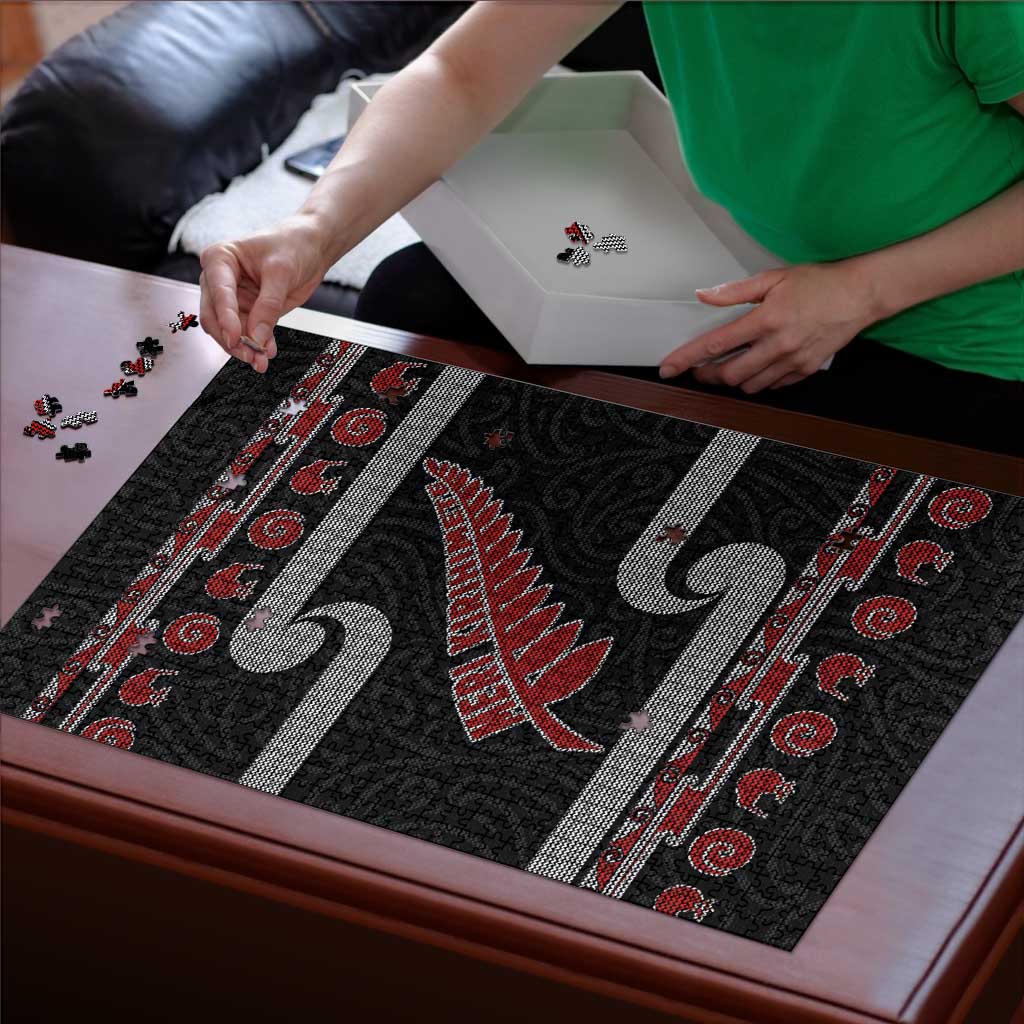 New Zealand Christmas Puzzle Meri Kirihimete Silver Fern Knit Style Red Color - Polynesian Pride