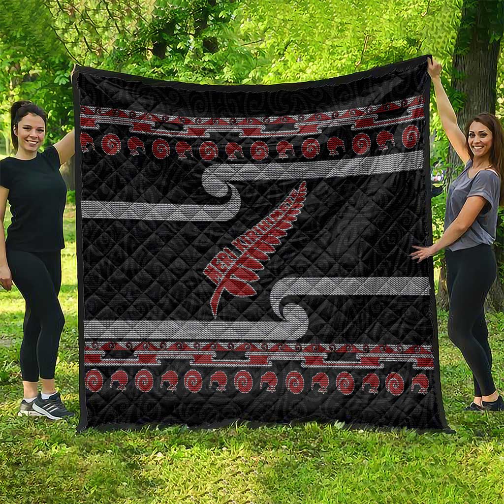 New Zealand Christmas Quilt Meri Kirihimete Silver Fern Knit Style Red Color - Polynesian Pride