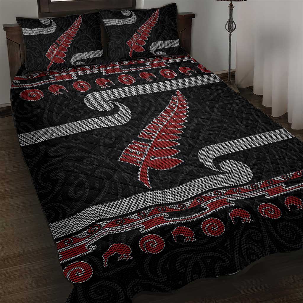 New Zealand Christmas Quilt Bed Set Meri Kirihimete Silver Fern Knit Style Red Color - Polynesian Pride