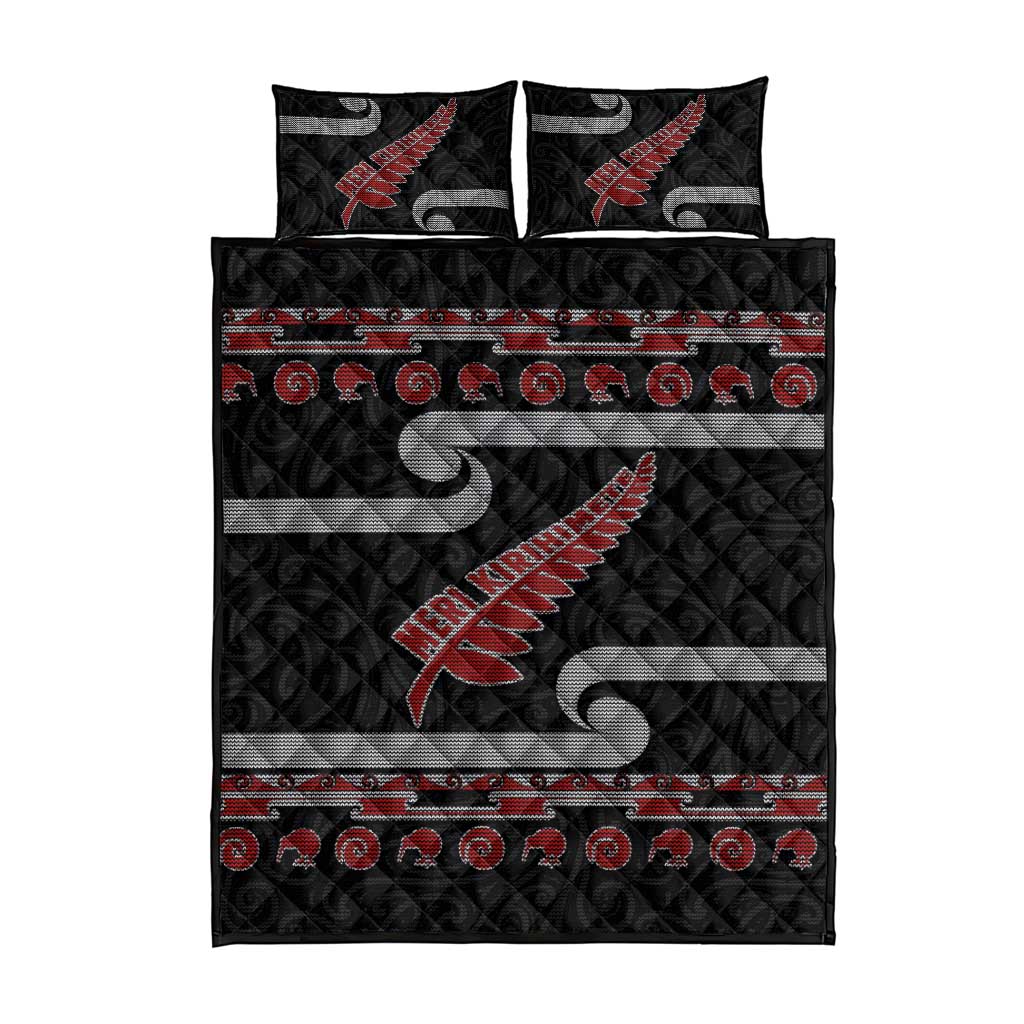 New Zealand Christmas Quilt Bed Set Meri Kirihimete Silver Fern Knit Style Red Color LT03 - Polynesian Pride