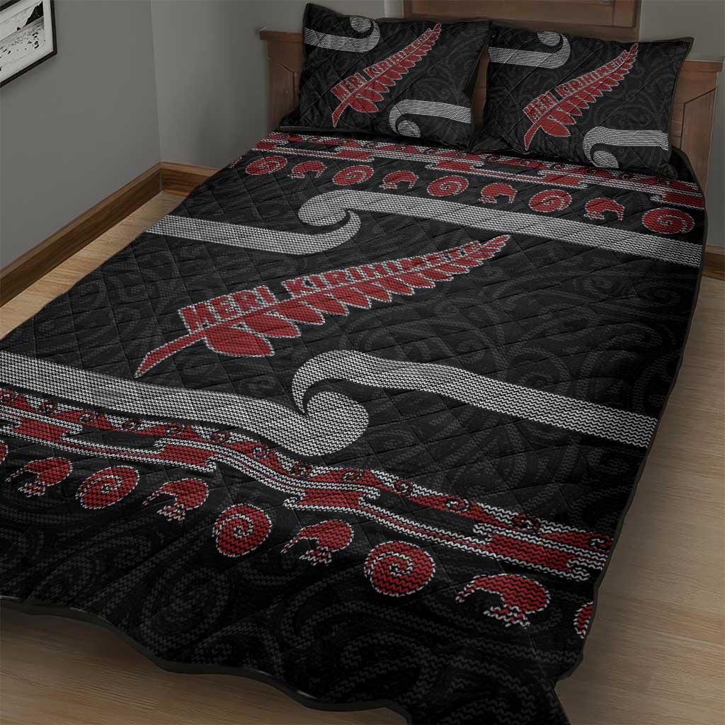 New Zealand Christmas Quilt Bed Set Meri Kirihimete Silver Fern Knit Style Red Color LT03 - Polynesian Pride