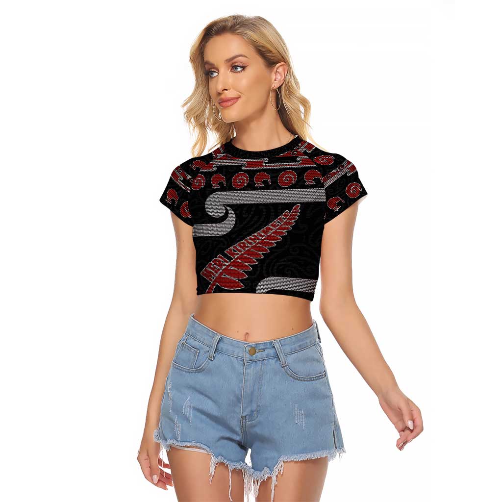 New Zealand Christmas Raglan Cropped T Shirt Meri Kirihimete Silver Fern Knit Style Red Color - Polynesian Pride