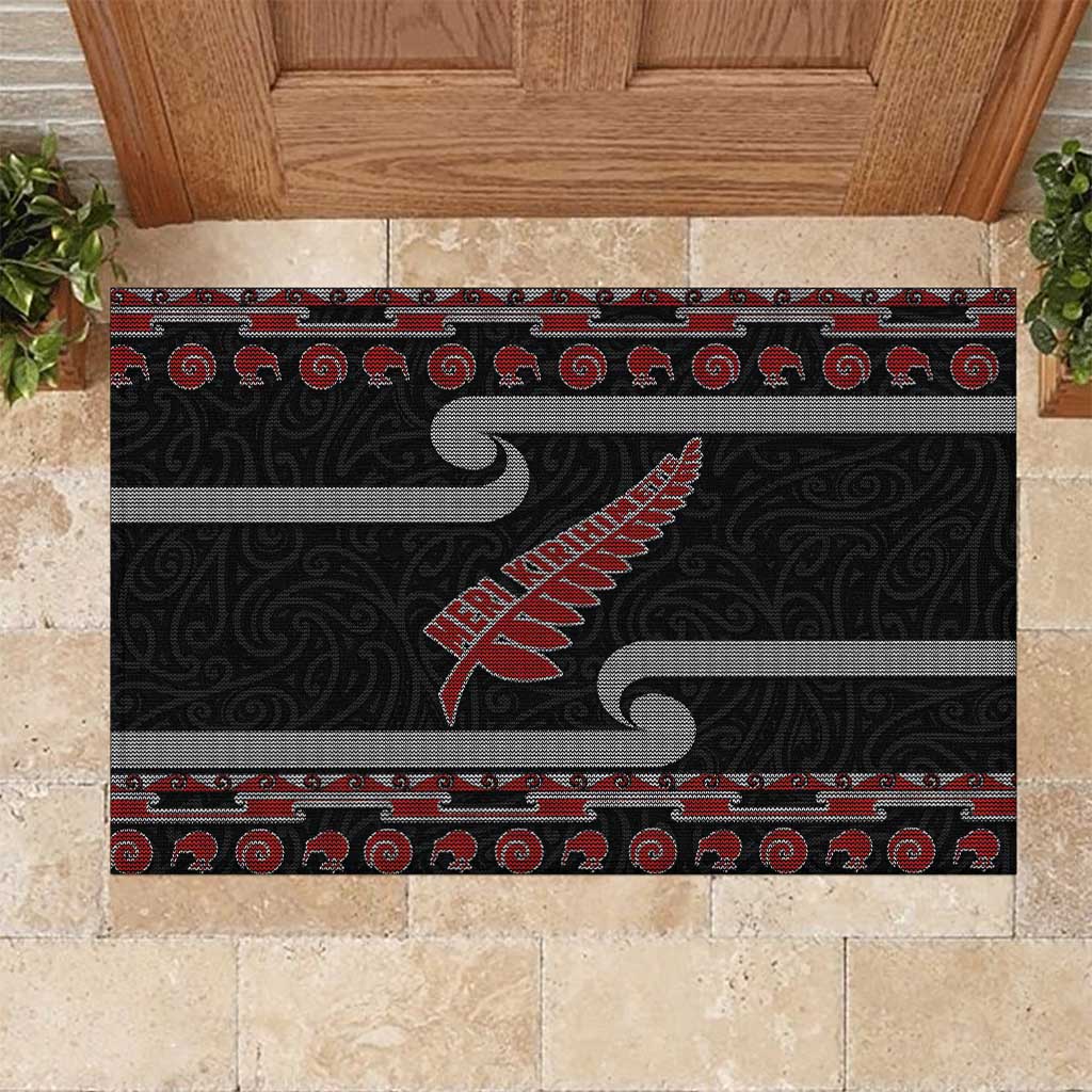 New Zealand Christmas Rubber Doormat Meri Kirihimete Silver Fern Knit Style Red Color - Polynesian Pride