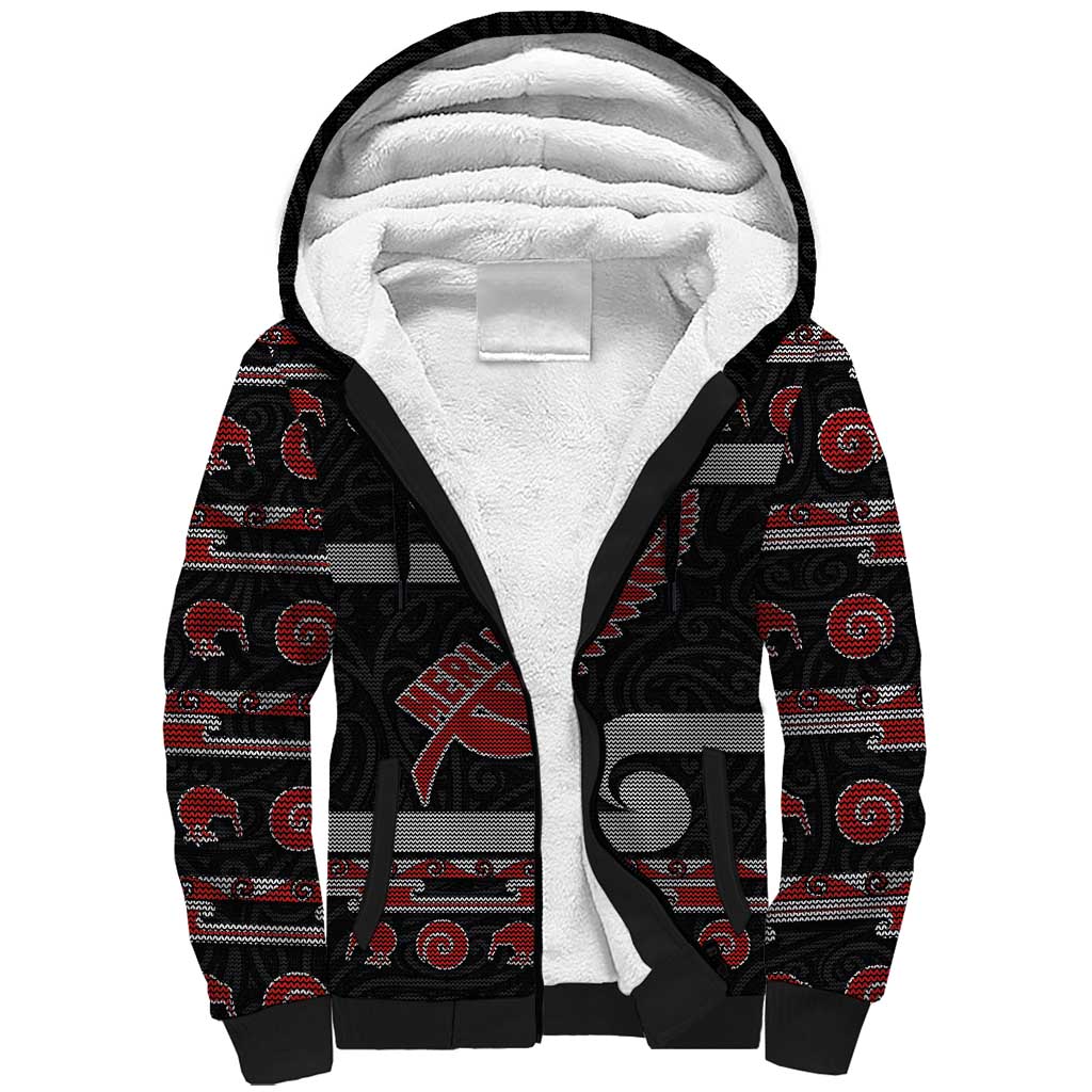 New Zealand Christmas Sherpa Hoodie Meri Kirihimete Silver Fern Knit Style Red Color - Polynesian Pride
