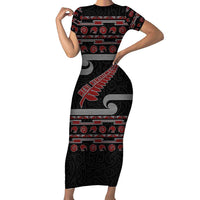 New Zealand Christmas Short Sleeve Bodycon Dress Meri Kirihimete Silver Fern Knit Style Red Color LT03 Long Dress Red - Polynesian Pride
