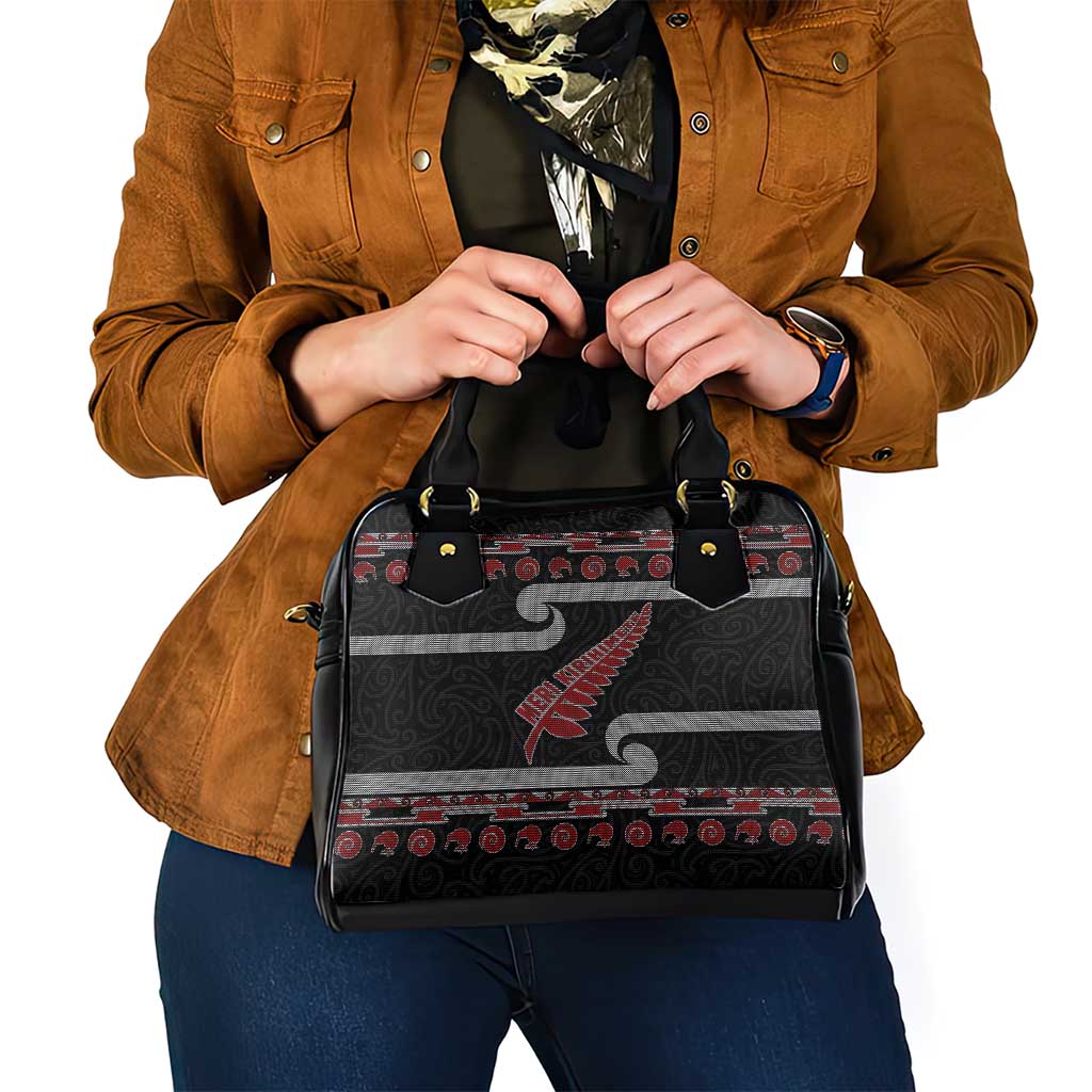 New Zealand Christmas Shoulder Handbag Meri Kirihimete Silver Fern Knit Style Red Color - Polynesian Pride