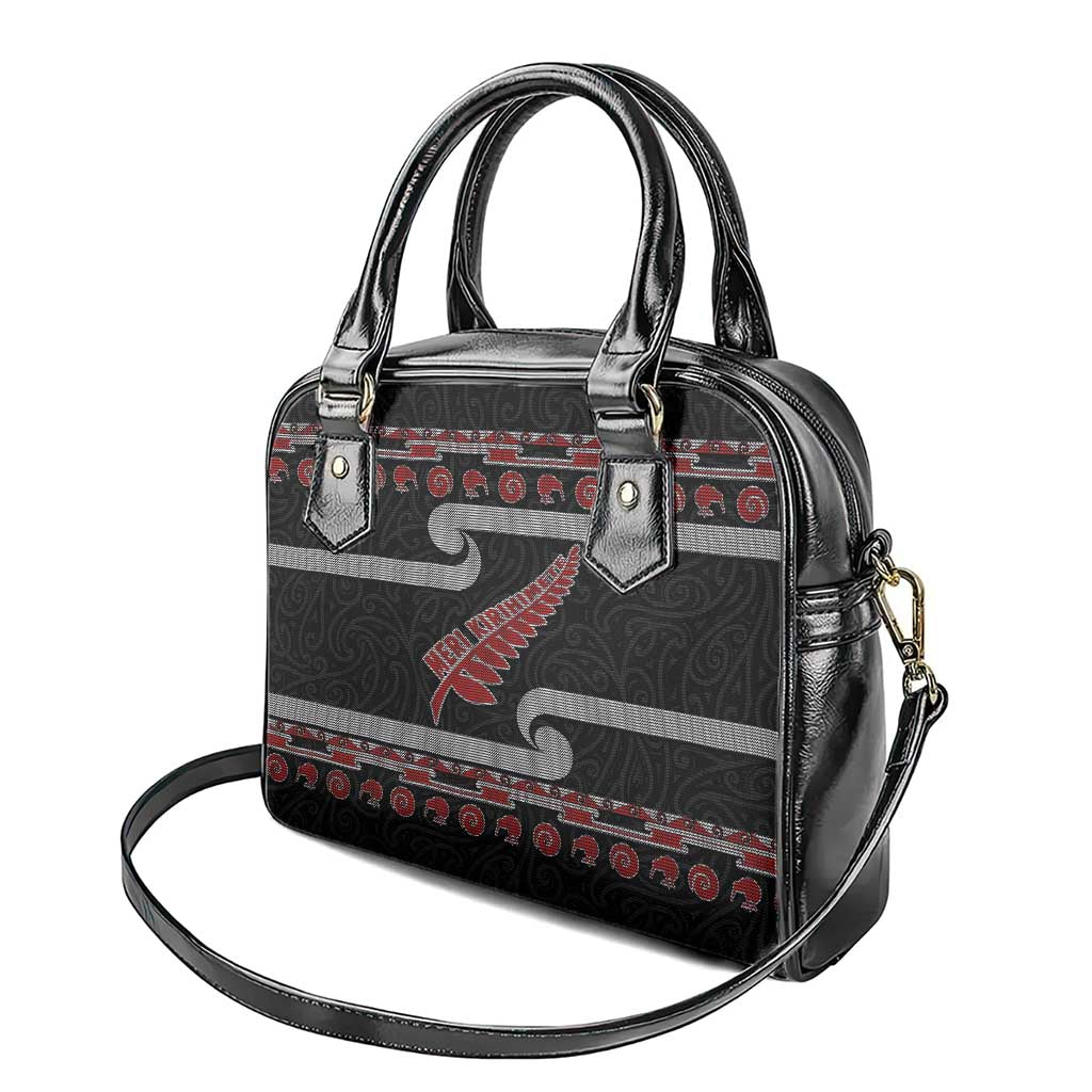 New Zealand Christmas Shoulder Handbag Meri Kirihimete Silver Fern Knit Style Red Color - Polynesian Pride