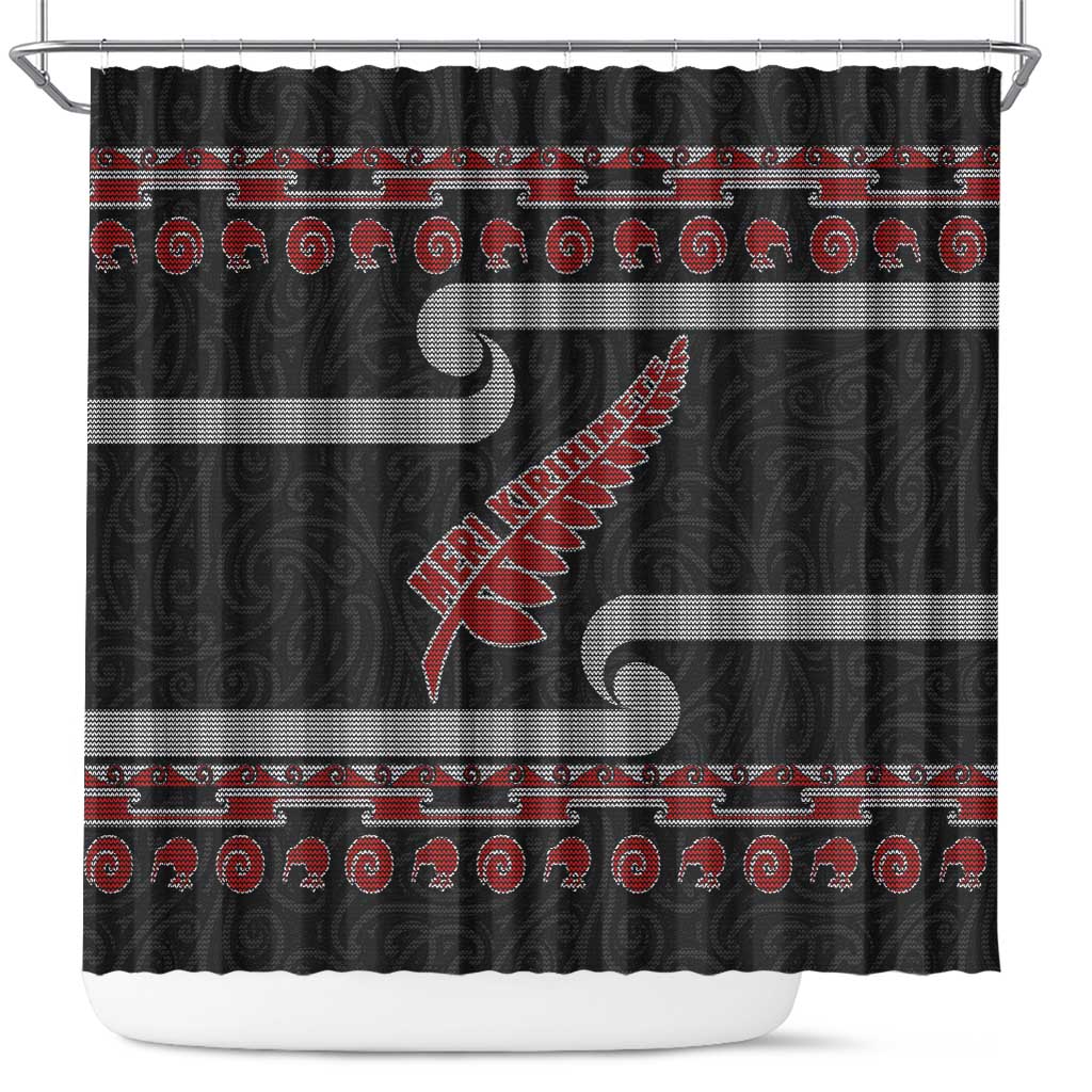 New Zealand Christmas Shower Curtain Meri Kirihimete Silver Fern Knit Style Red Color - Polynesian Pride