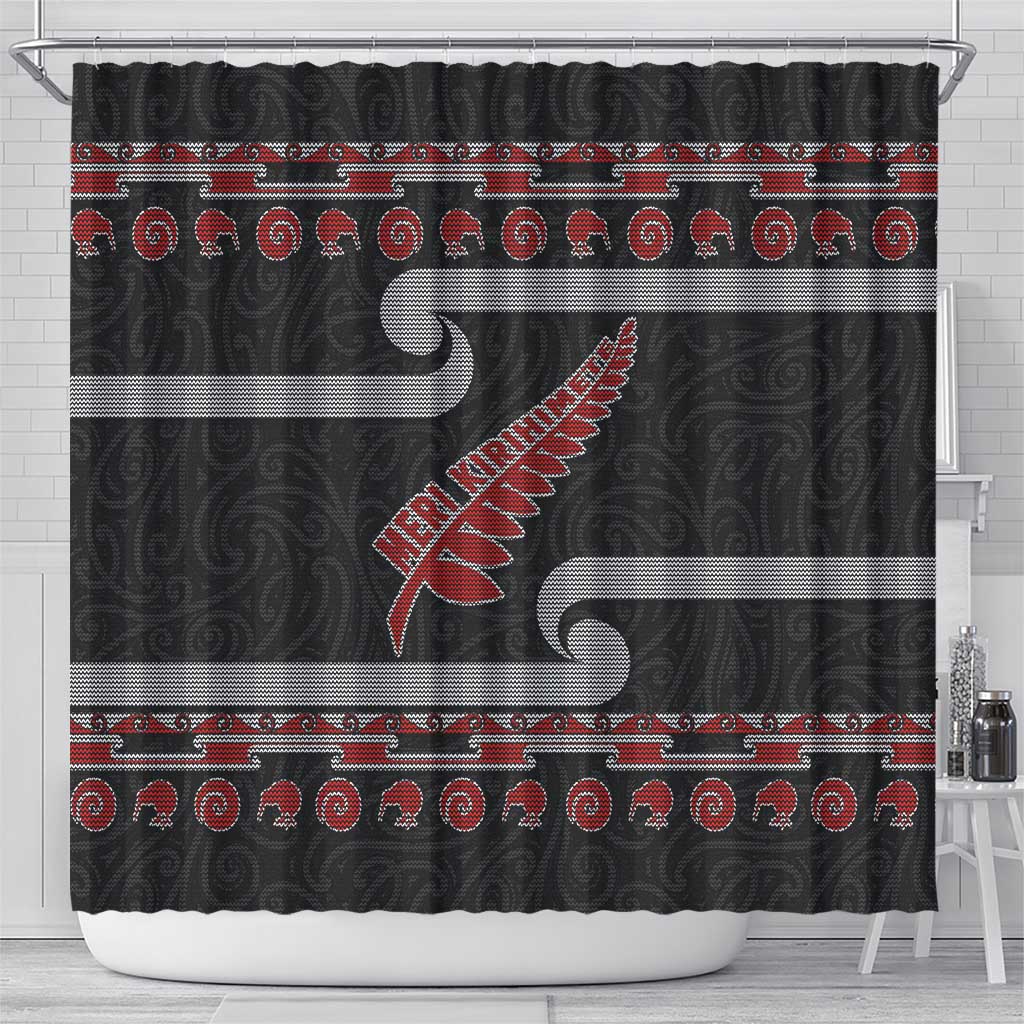 New Zealand Christmas Shower Curtain Meri Kirihimete Silver Fern Knit Style Red Color - Polynesian Pride