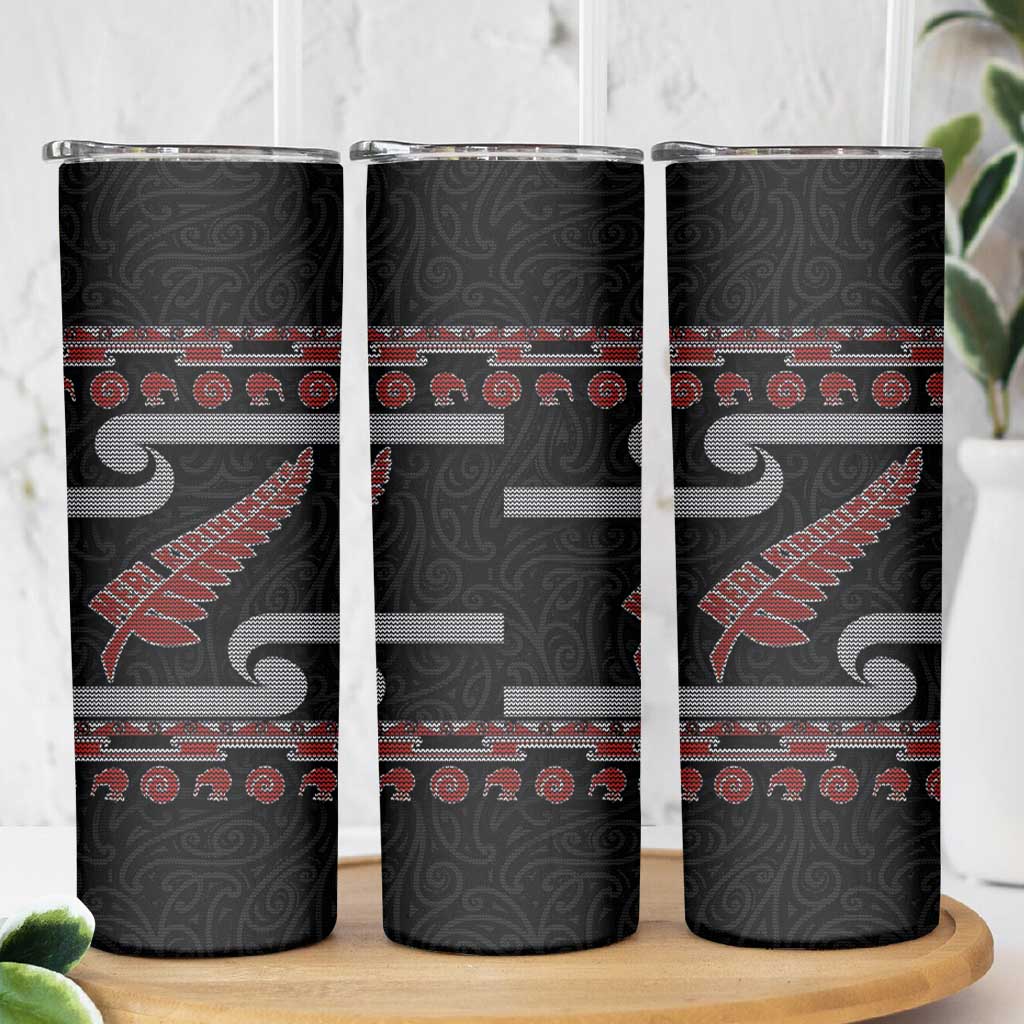 New Zealand Christmas Skinny Tumbler Meri Kirihimete Silver Fern Knit Style Red Color LT03 - Polynesian Pride
