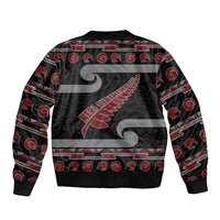 New Zealand Christmas Sleeve Zip Bomber Jacket Meri Kirihimete Silver Fern Knit Style Red Color - Polynesian Pride