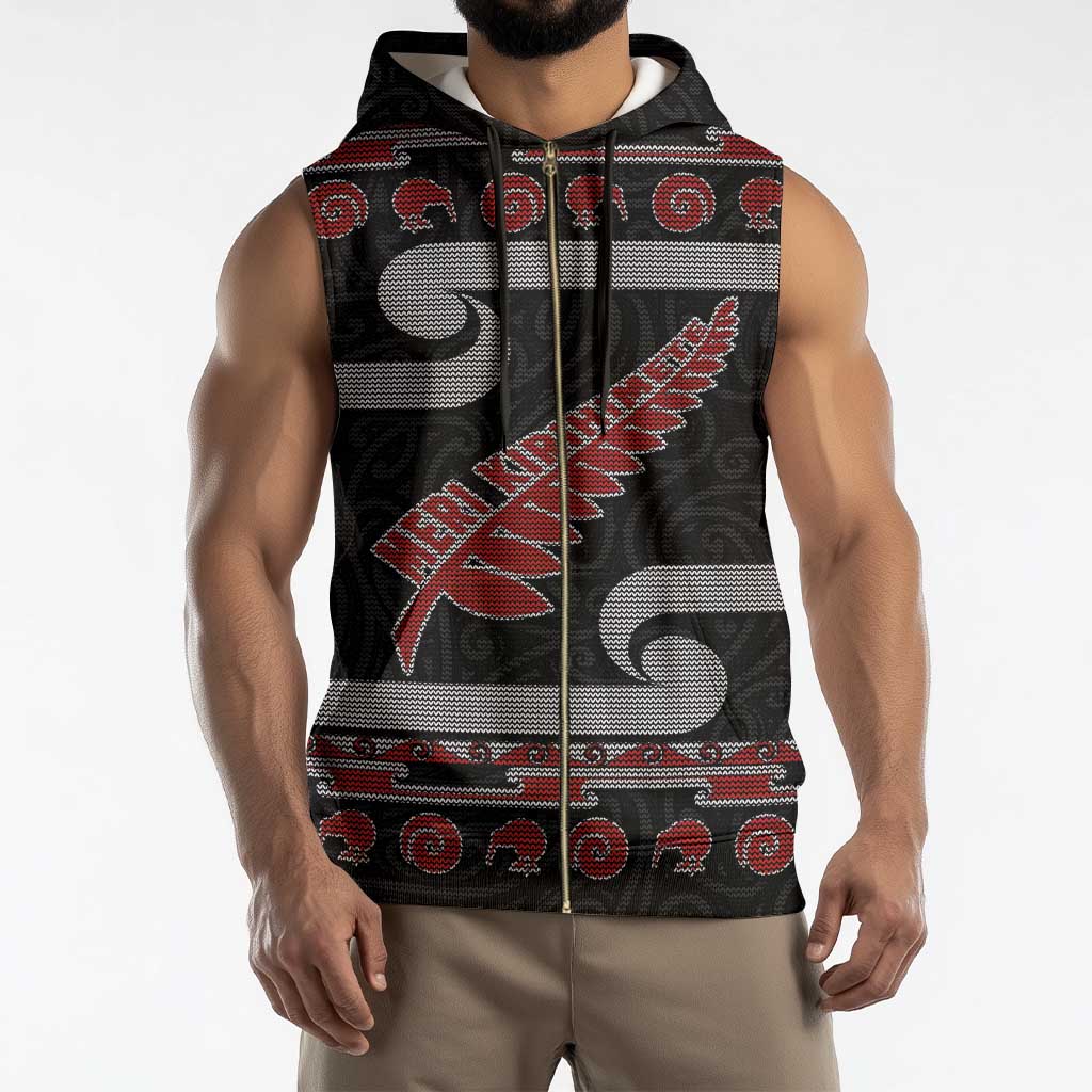 New Zealand Christmas Sleeveless Zip Hoodie Meri Kirihimete Silver Fern Knit Style Red Color - Polynesian Pride