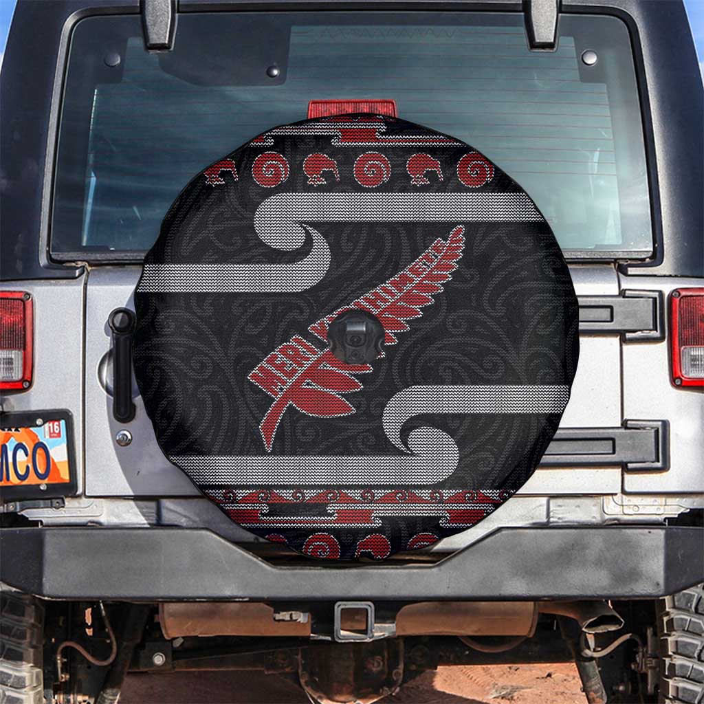 New Zealand Christmas Spare Tire Cover Meri Kirihimete Silver Fern Knit Style Red Color LT03 Red - Polynesian Pride