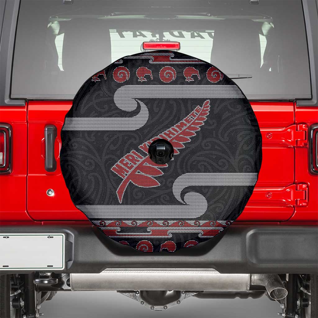 New Zealand Christmas Spare Tire Cover Meri Kirihimete Silver Fern Knit Style Red Color LT03 - Polynesian Pride