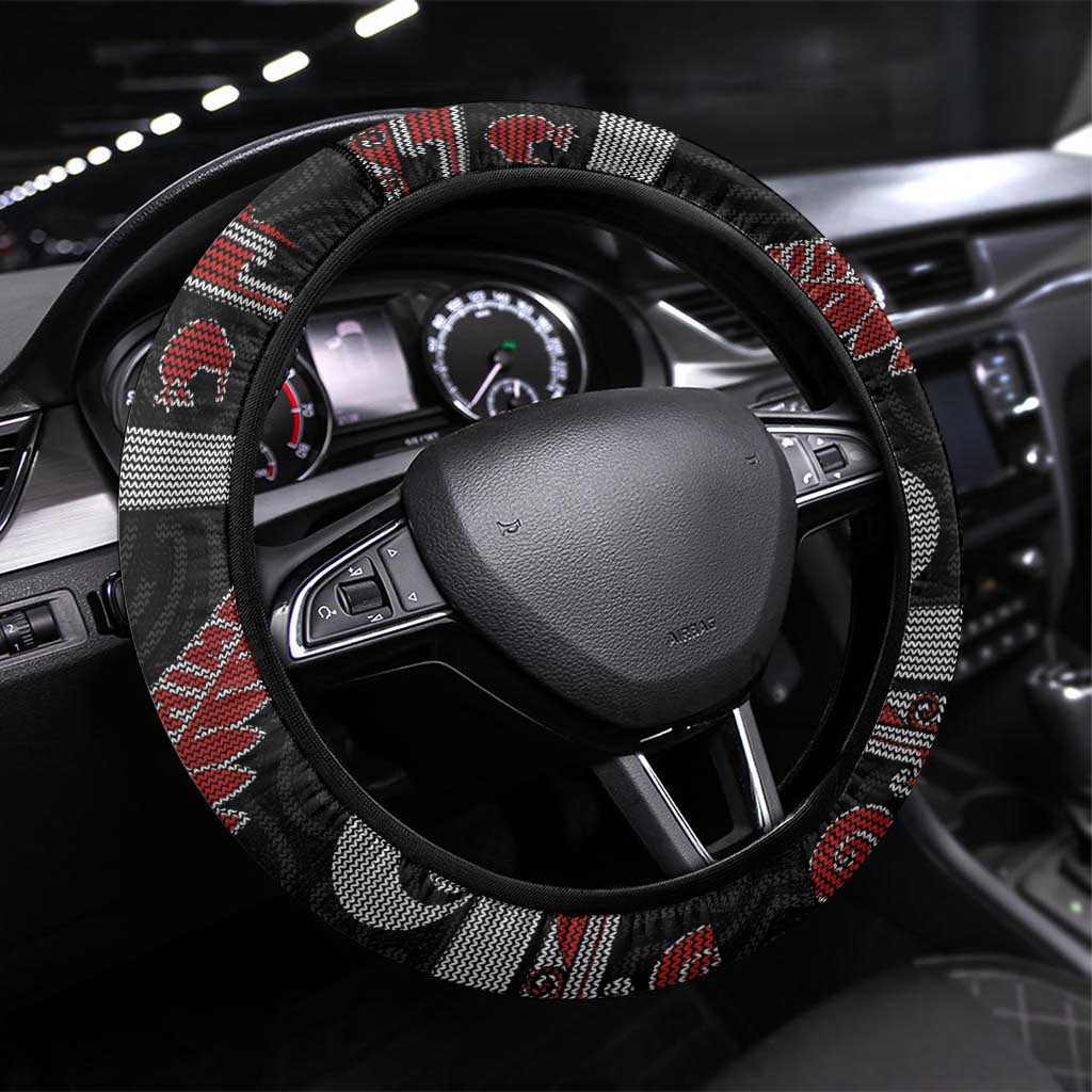 New Zealand Christmas Steering Wheel Cover Meri Kirihimete Silver Fern Knit Style Red Color LT03 Universal Fit Red - Polynesian Pride