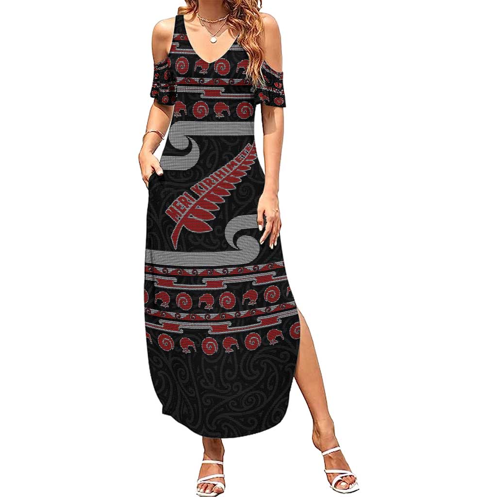 New Zealand Christmas Summer Maxi Dress Meri Kirihimete Silver Fern Knit Style Red Color LT03 Women Red - Polynesian Pride