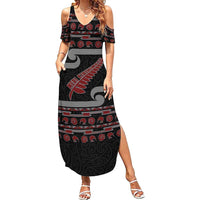 New Zealand Christmas Summer Maxi Dress Meri Kirihimete Silver Fern Knit Style Red Color LT03 Women Red - Polynesian Pride