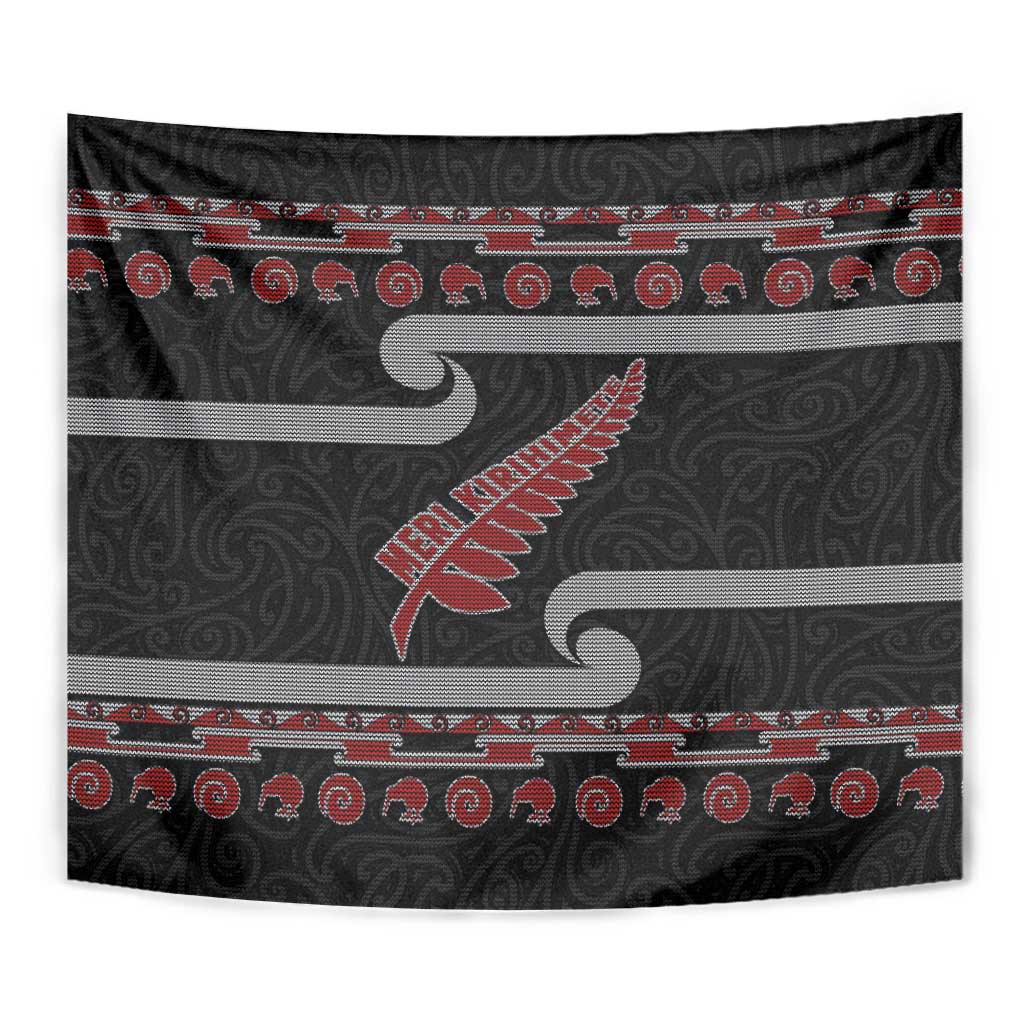 New Zealand Christmas Tapestry Meri Kirihimete Silver Fern Knit Style Red Color - Polynesian Pride