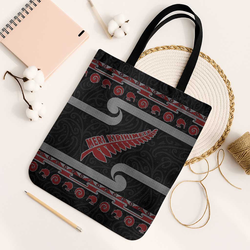New Zealand Christmas Tote Bag Meri Kirihimete Silver Fern Knit Style Red Color LT03 Black Strap One Size Red - Polynesian Pride