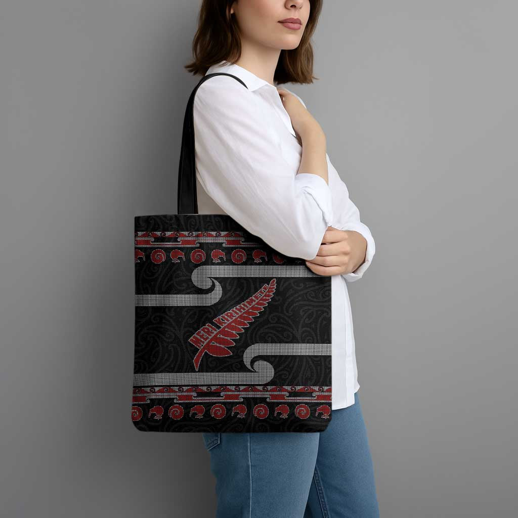 New Zealand Christmas Tote Bag Meri Kirihimete Silver Fern Knit Style Red Color LT03 - Polynesian Pride