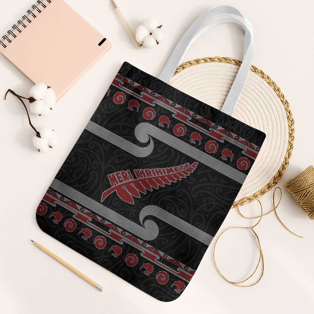New Zealand Christmas Tote Bag Meri Kirihimete Silver Fern Knit Style Red Color LT03 White Strap One Size Red - Polynesian Pride