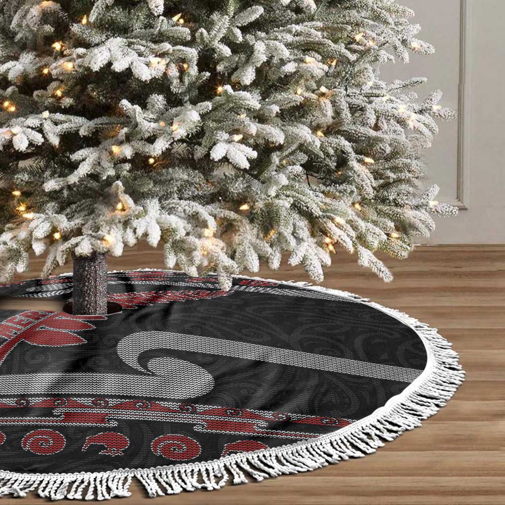 New Zealand Christmas Tree Skirt Meri Kirihimete Silver Fern Knit Style Red Color - Polynesian Pride