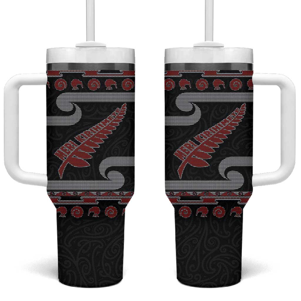 New Zealand Christmas Tumbler With Handle Meri Kirihimete Silver Fern Knit Style Red Color LT03 One Size: 40 oz Red - Polynesian Pride