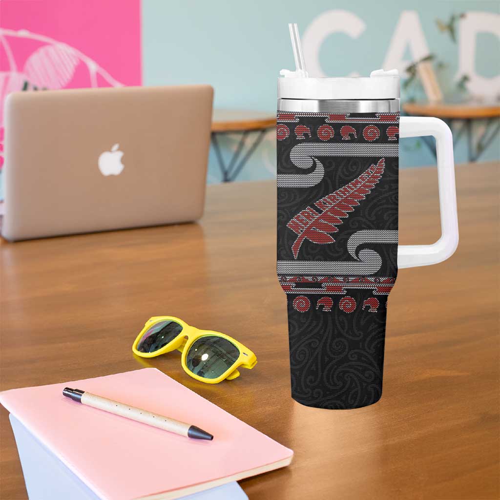 New Zealand Christmas Tumbler With Handle Meri Kirihimete Silver Fern Knit Style Red Color LT03 - Polynesian Pride