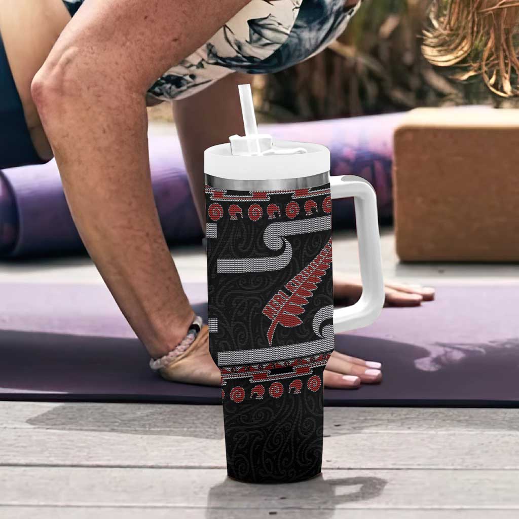New Zealand Christmas Tumbler With Handle Meri Kirihimete Silver Fern Knit Style Red Color LT03 - Polynesian Pride
