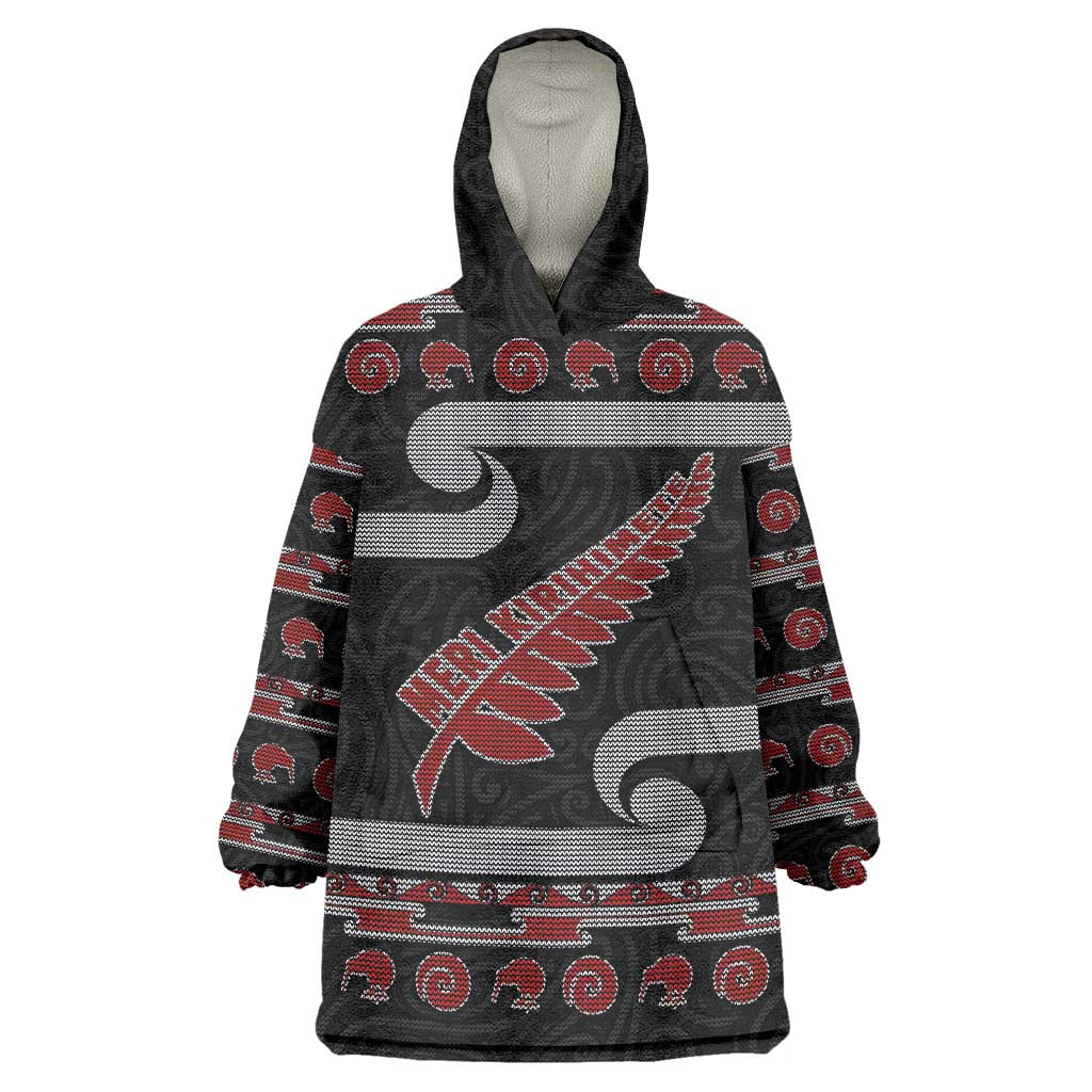 New Zealand Christmas Wearable Blanket Hoodie Meri Kirihimete Silver Fern Knit Style Red Color LT03 One Size Red - Polynesian Pride