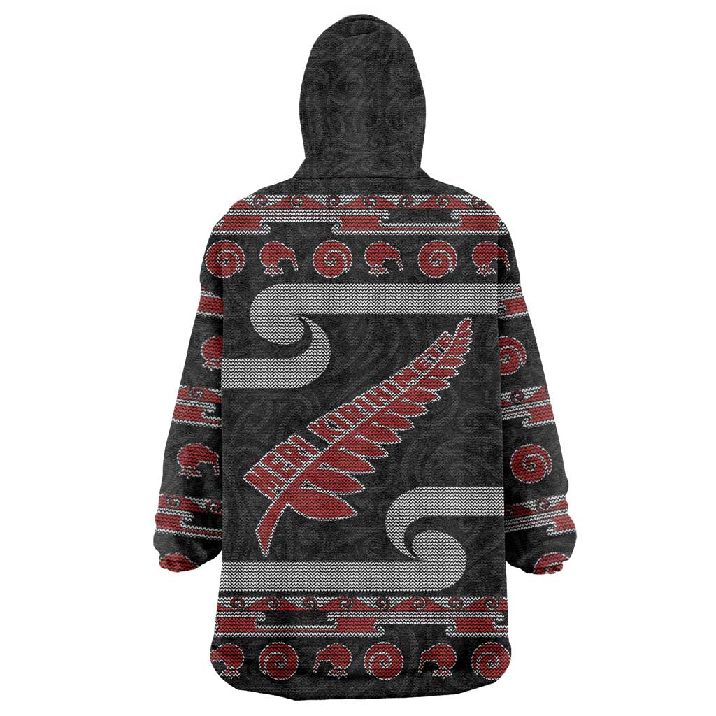 New Zealand Christmas Wearable Blanket Hoodie Meri Kirihimete Silver Fern Knit Style Red Color LT03 - Polynesian Pride