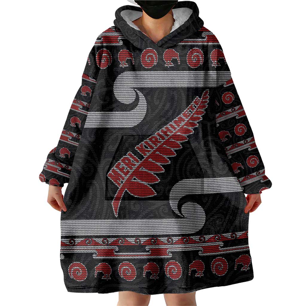 New Zealand Christmas Wearable Blanket Hoodie Meri Kirihimete Silver Fern Knit Style Red Color LT03 - Polynesian Pride