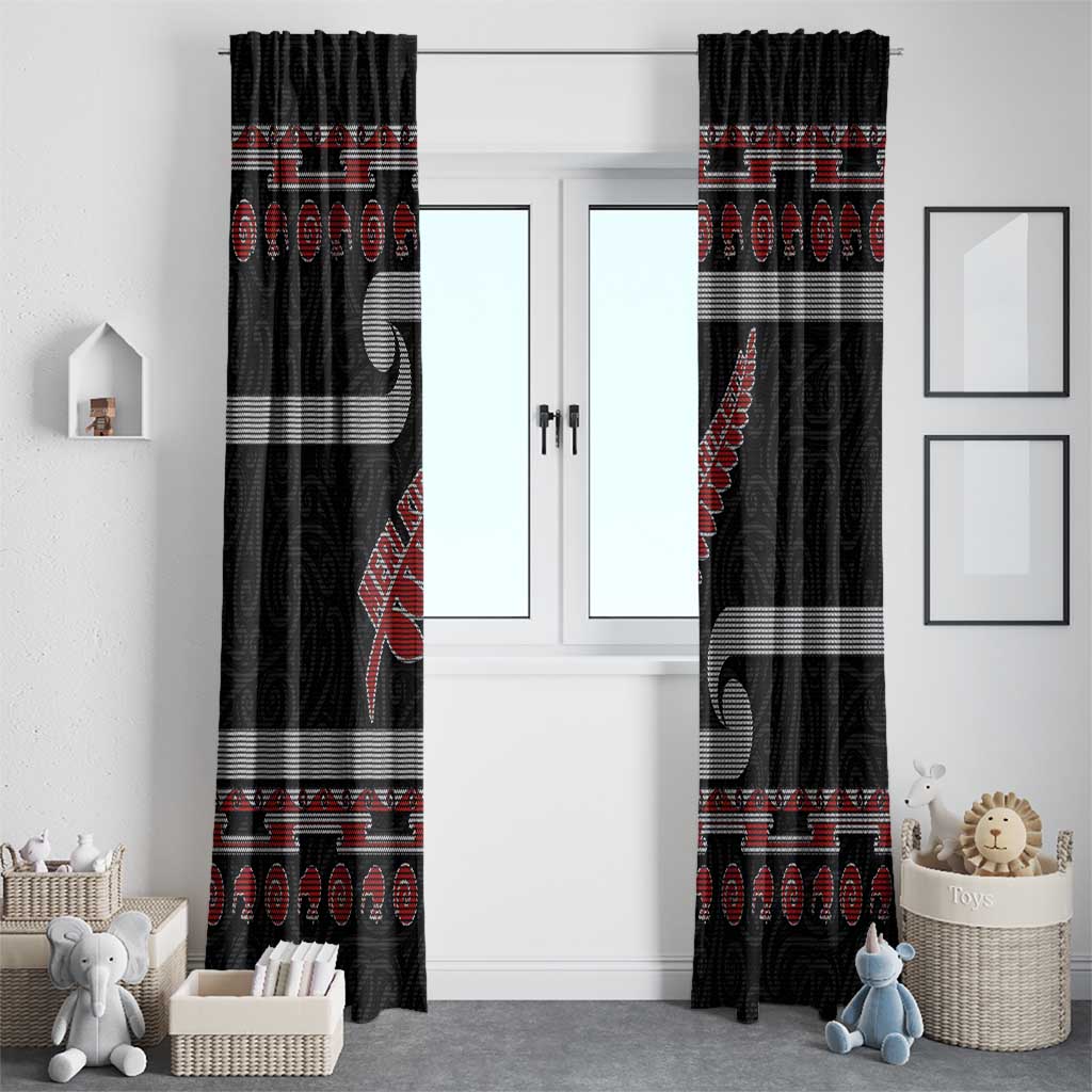 New Zealand Christmas Window Curtain Meri Kirihimete Silver Fern Knit Style Red Color - Polynesian Pride