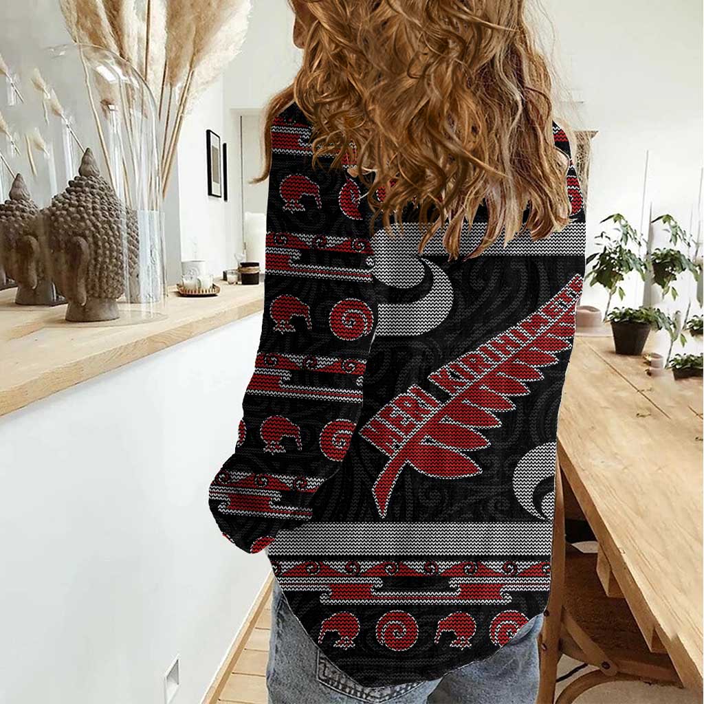 New Zealand Christmas Women Casual Shirt Meri Kirihimete Silver Fern Knit Style Red Color LT03 - Polynesian Pride