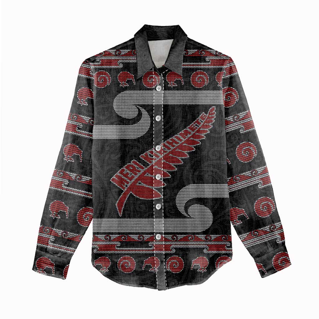 New Zealand Christmas Women Casual Shirt Meri Kirihimete Silver Fern Knit Style Red Color LT03 - Polynesian Pride