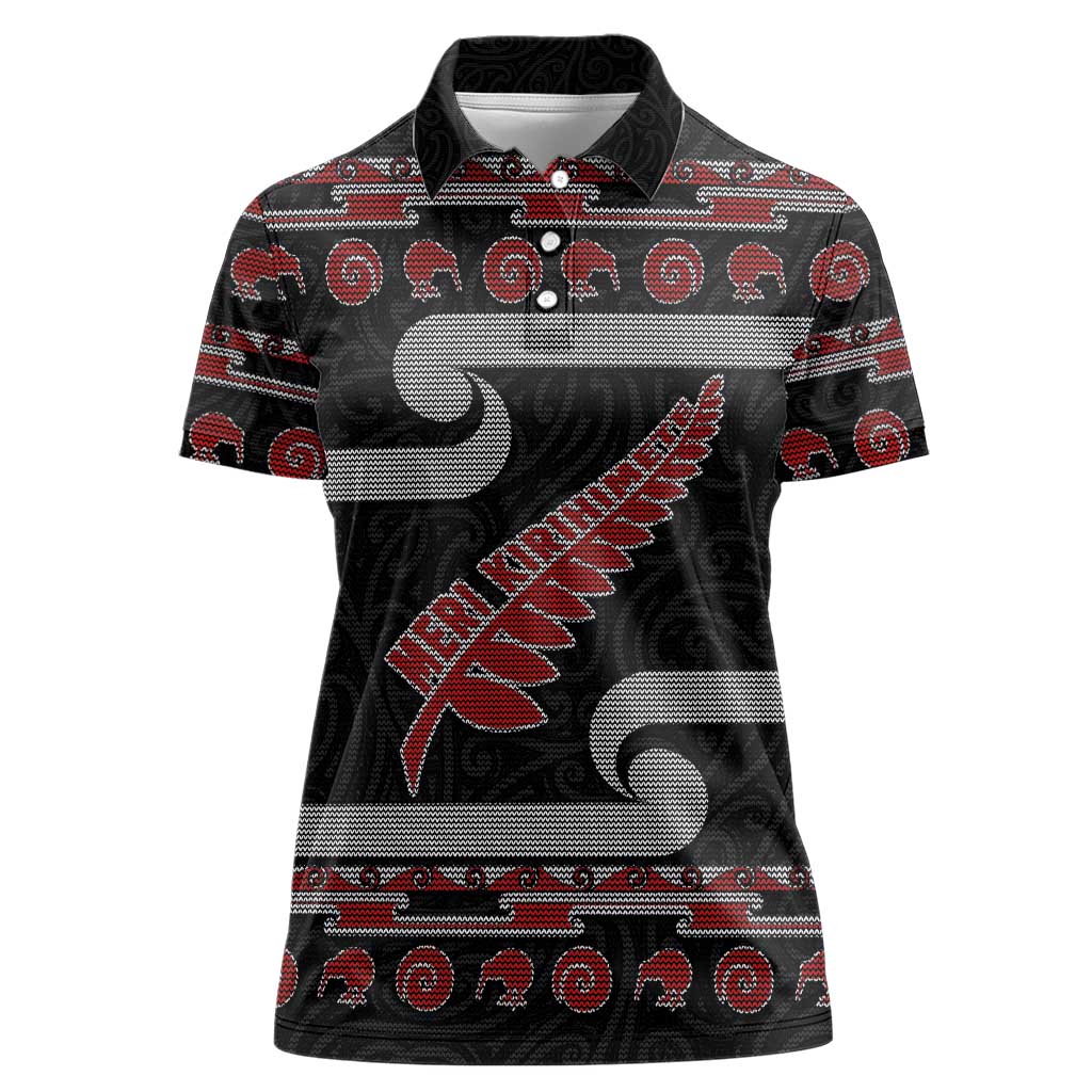 New Zealand Christmas Women Polo Shirt Meri Kirihimete Silver Fern Knit Style Red Color LT03 Female Red - Polynesian Pride