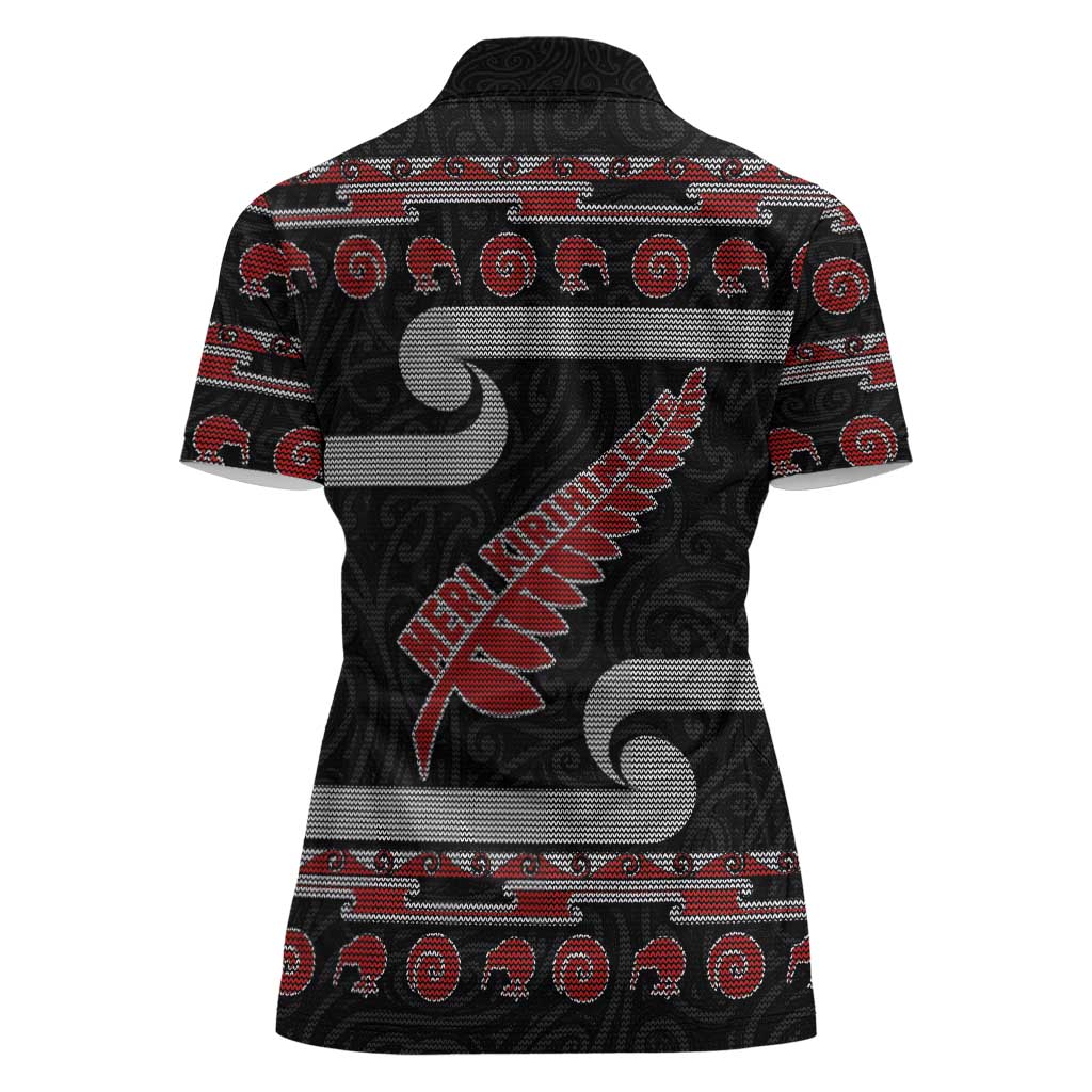 New Zealand Christmas Women Polo Shirt Meri Kirihimete Silver Fern Knit Style Red Color LT03 - Polynesian Pride
