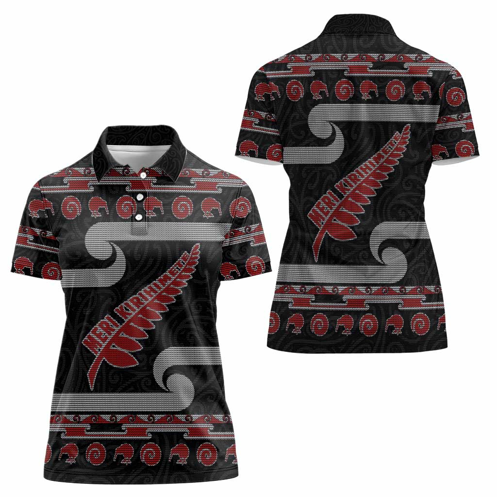New Zealand Christmas Women Polo Shirt Meri Kirihimete Silver Fern Knit Style Red Color LT03 - Polynesian Pride