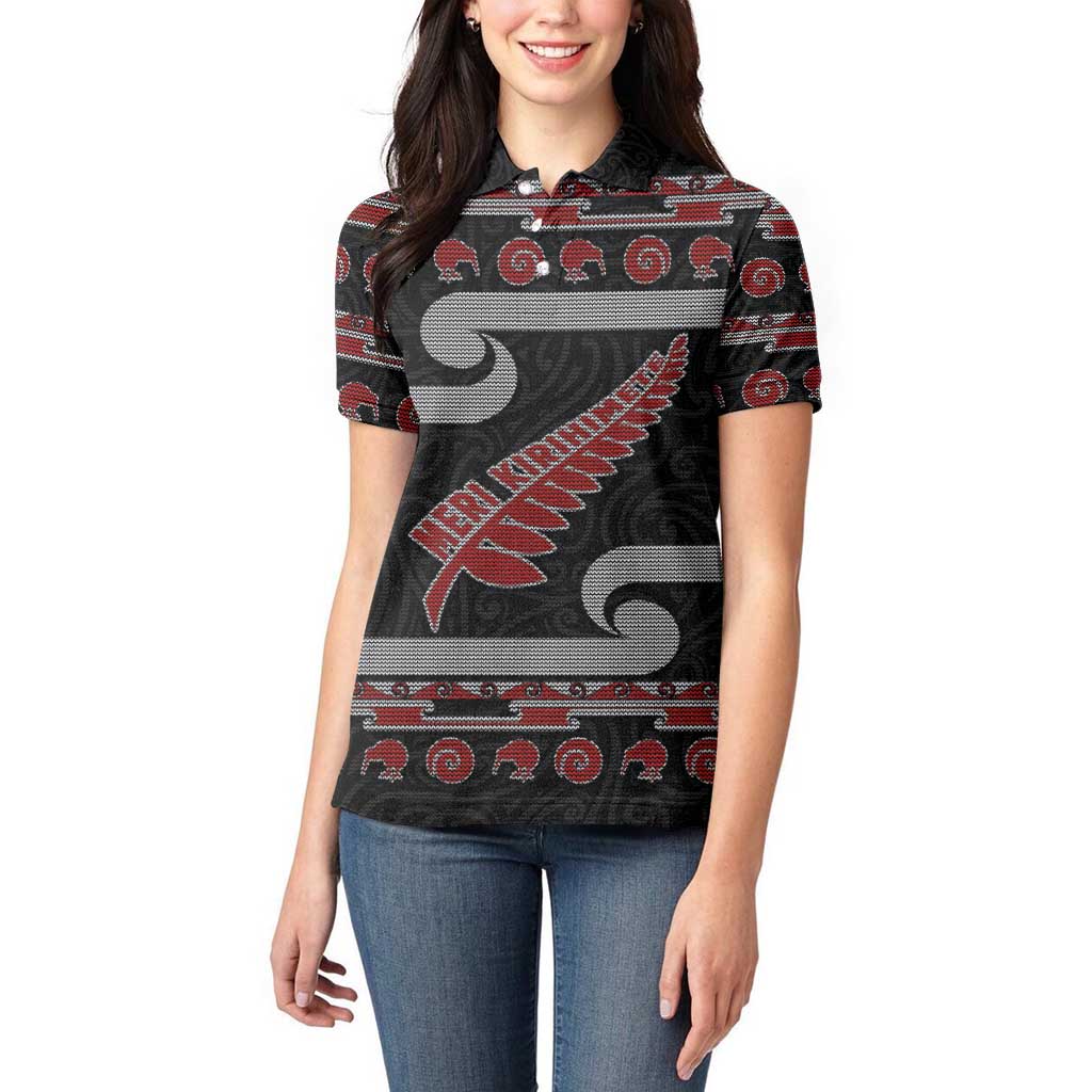 New Zealand Christmas Women Polo Shirt Meri Kirihimete Silver Fern Knit Style Red Color LT03 - Polynesian Pride