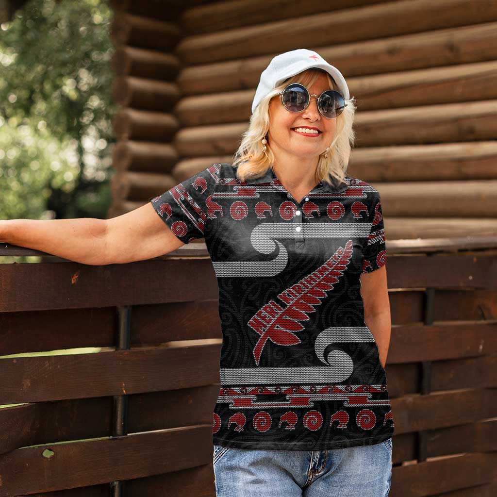 New Zealand Christmas Women Polo Shirt Meri Kirihimete Silver Fern Knit Style Red Color LT03 - Polynesian Pride