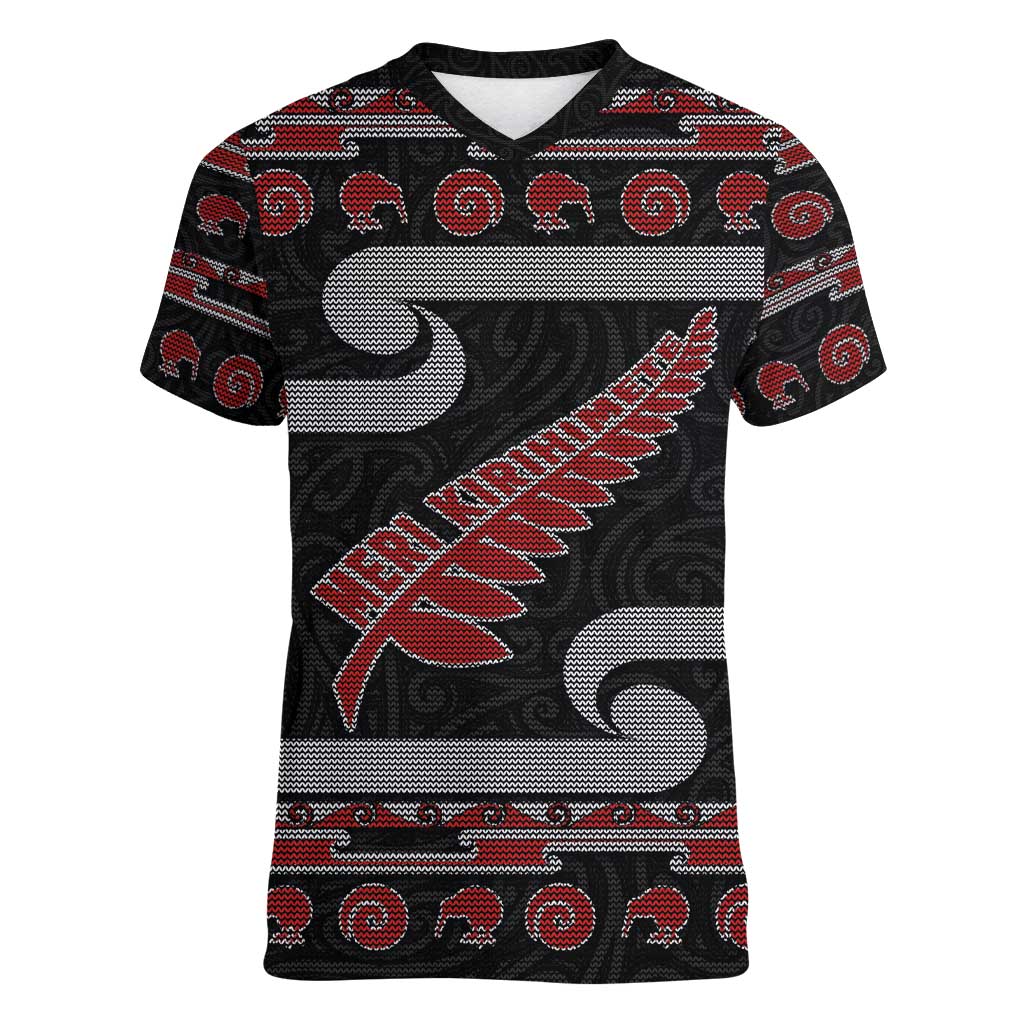 New Zealand Christmas Women V-Neck T-Shirt Meri Kirihimete Silver Fern Knit Style Red Color - Polynesian Pride