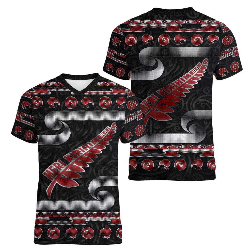 New Zealand Christmas Women V-Neck T-Shirt Meri Kirihimete Silver Fern Knit Style Red Color LT03 - Polynesian Pride